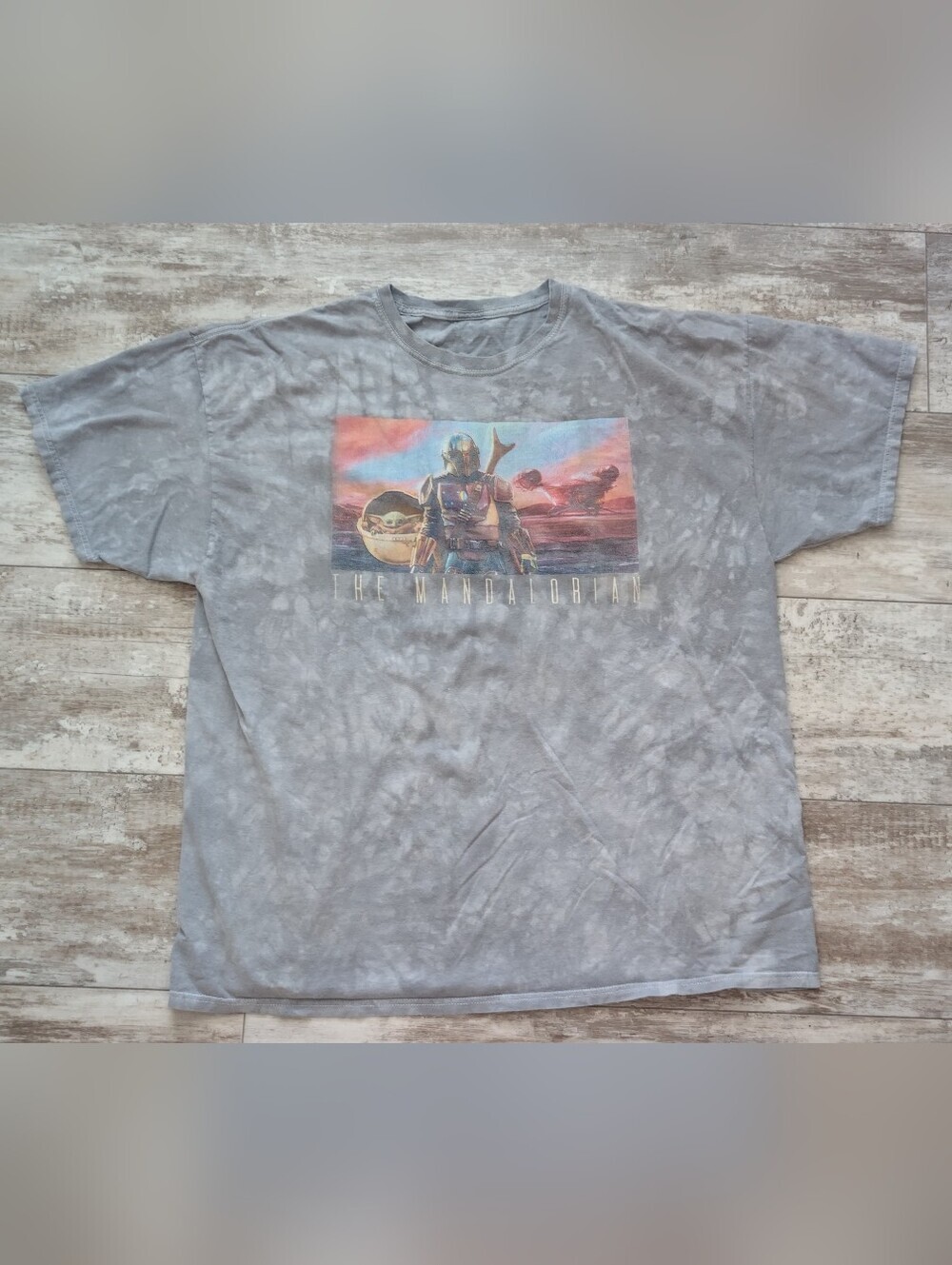 Disney The Mandalorian Gray Tie-Dye Short Sleeve Tee with Multicolor Graphic